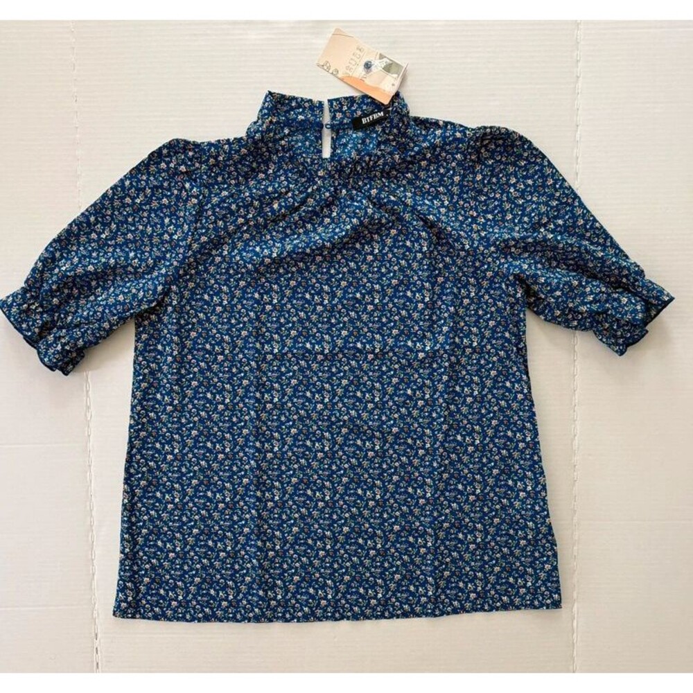 NWT Royal Blue Floral Mock Neck Blouse Small